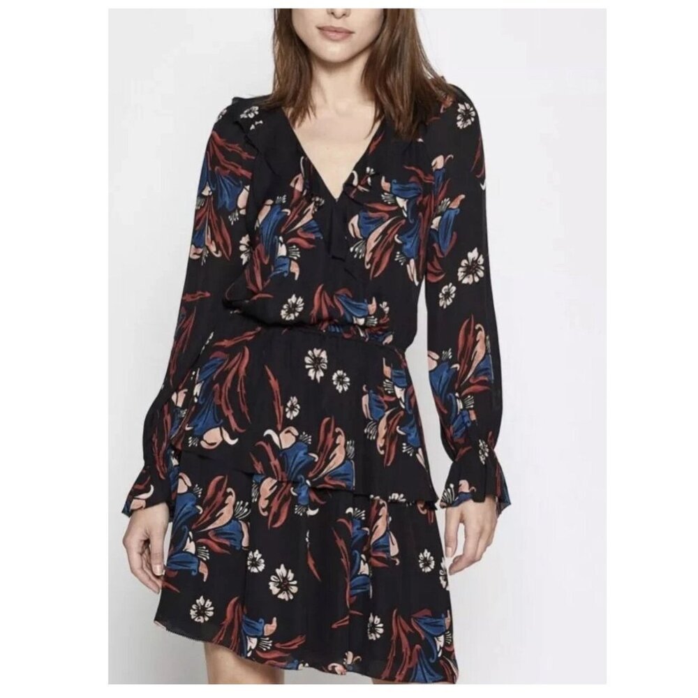 Joie Nour Floral Tiered Ruffle Silk A-Line Dress Black & Multi Womens Size Small